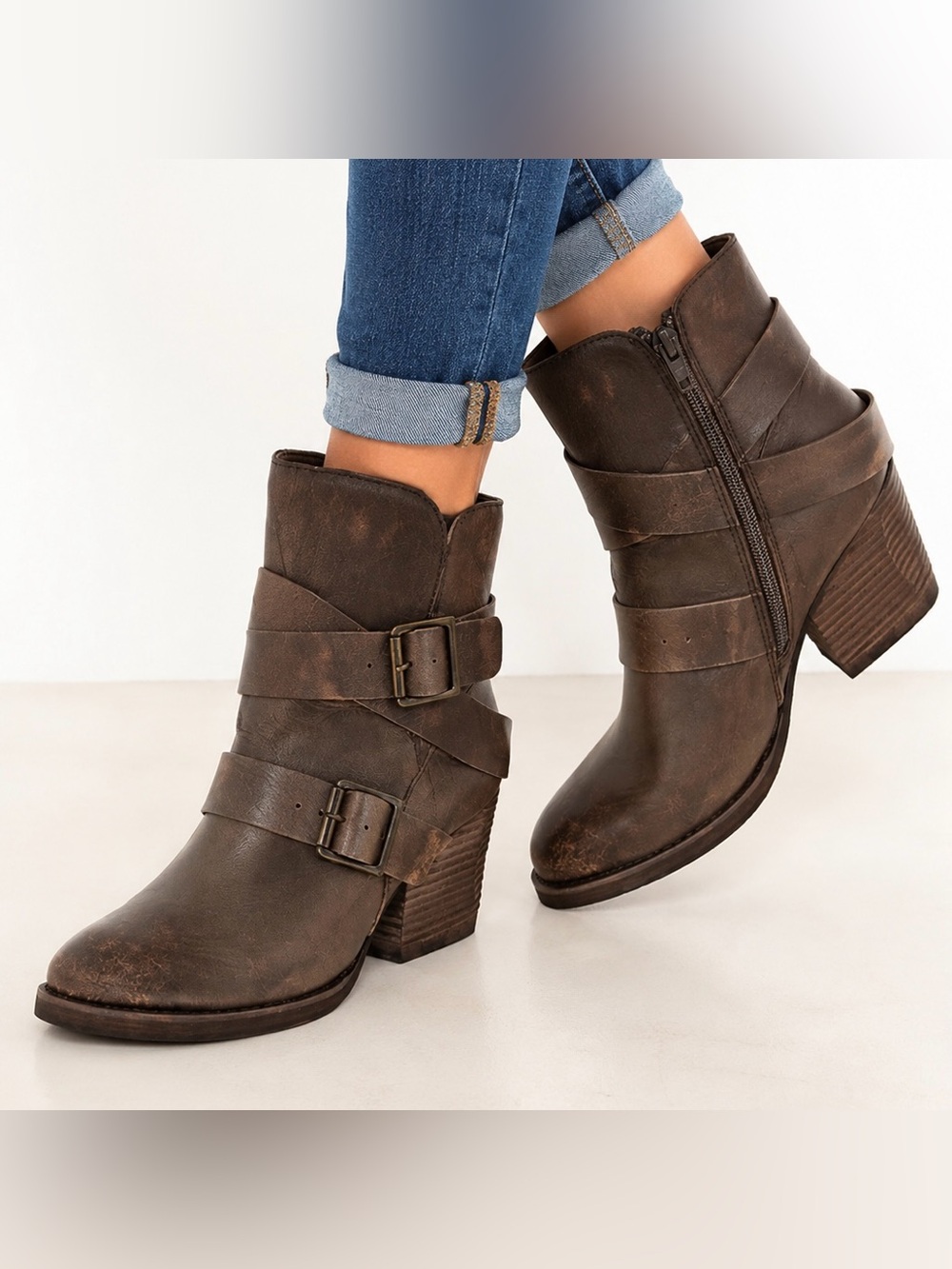 Naughty Monkey Cross My Heart Brown Distressed Leather Buckle Ankle Boots Size 8